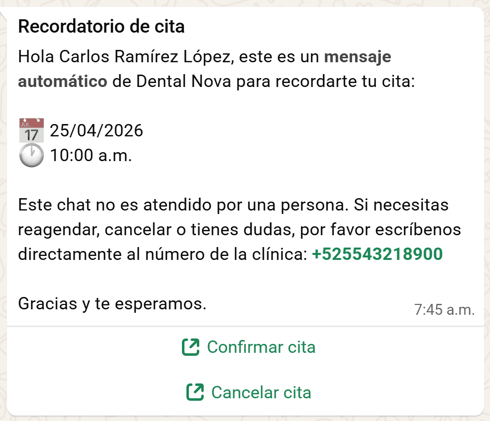 Recordatorio de cita enviado por SmileSys