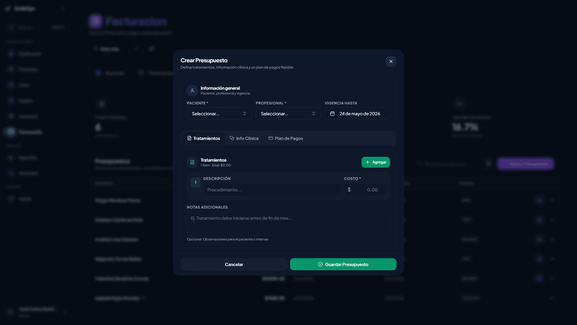 Modal para crear una nueva cotización