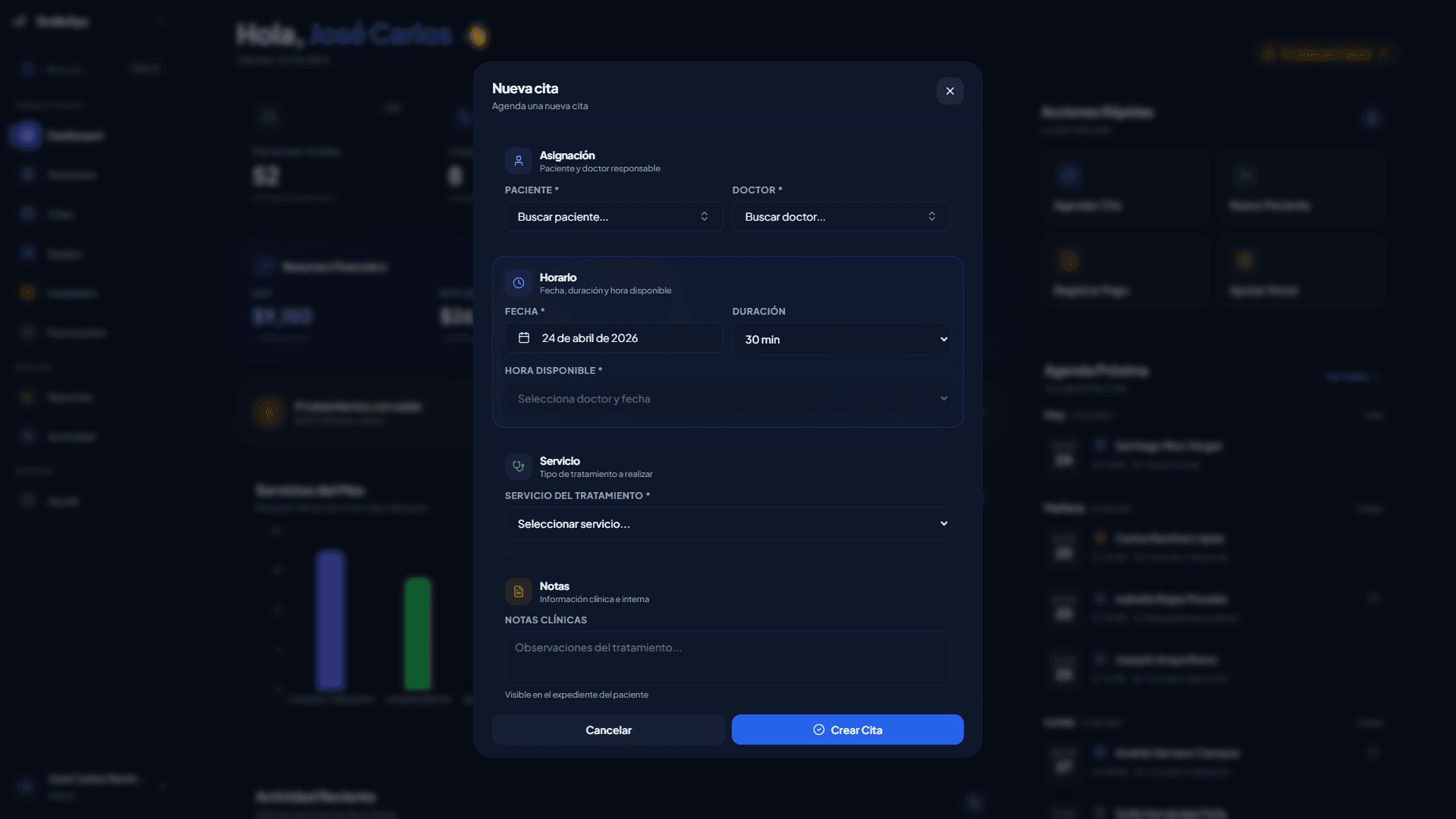 Modal para crear una nueva cita en SmileSys