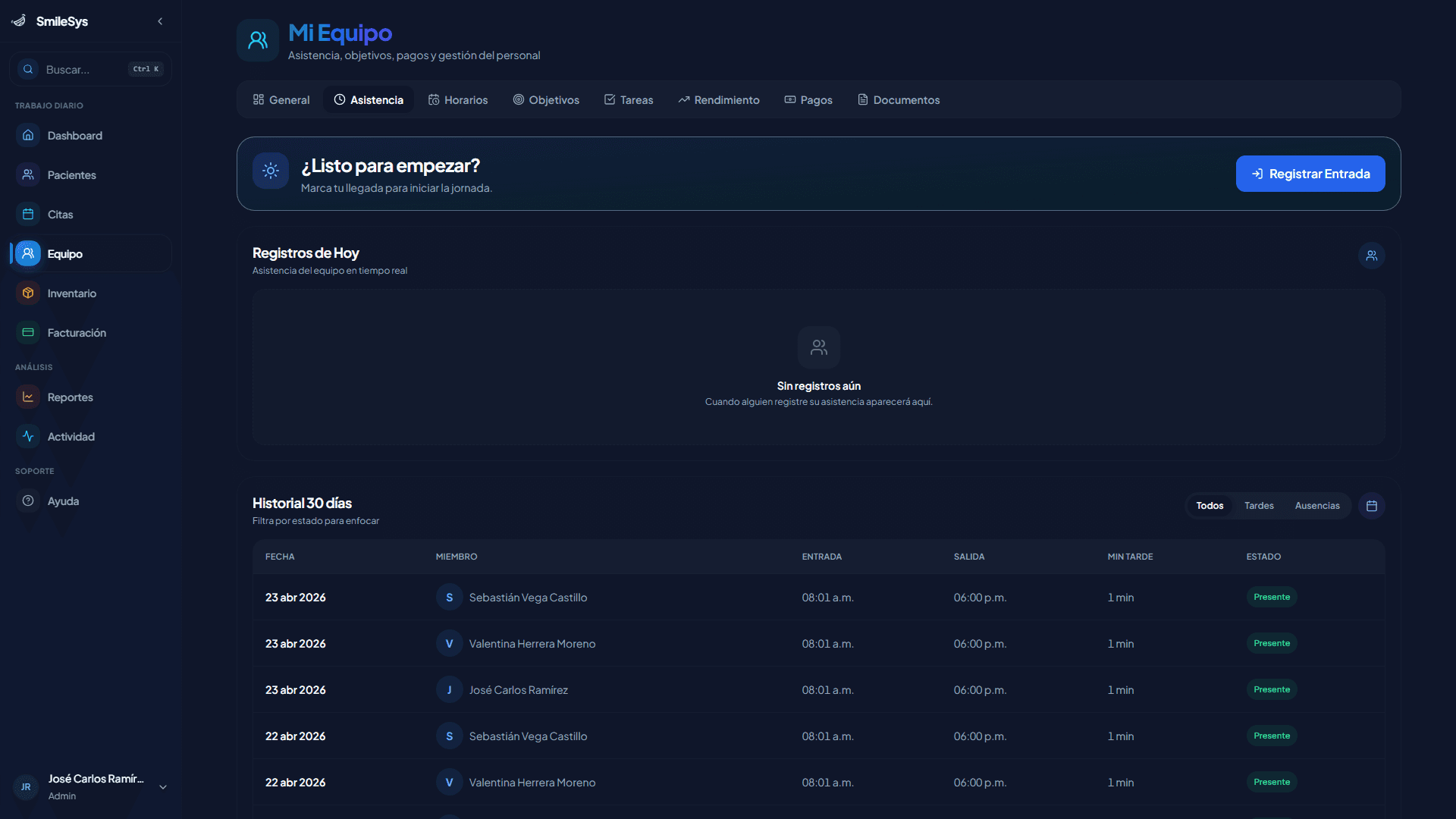 Control de asistencia del equipo