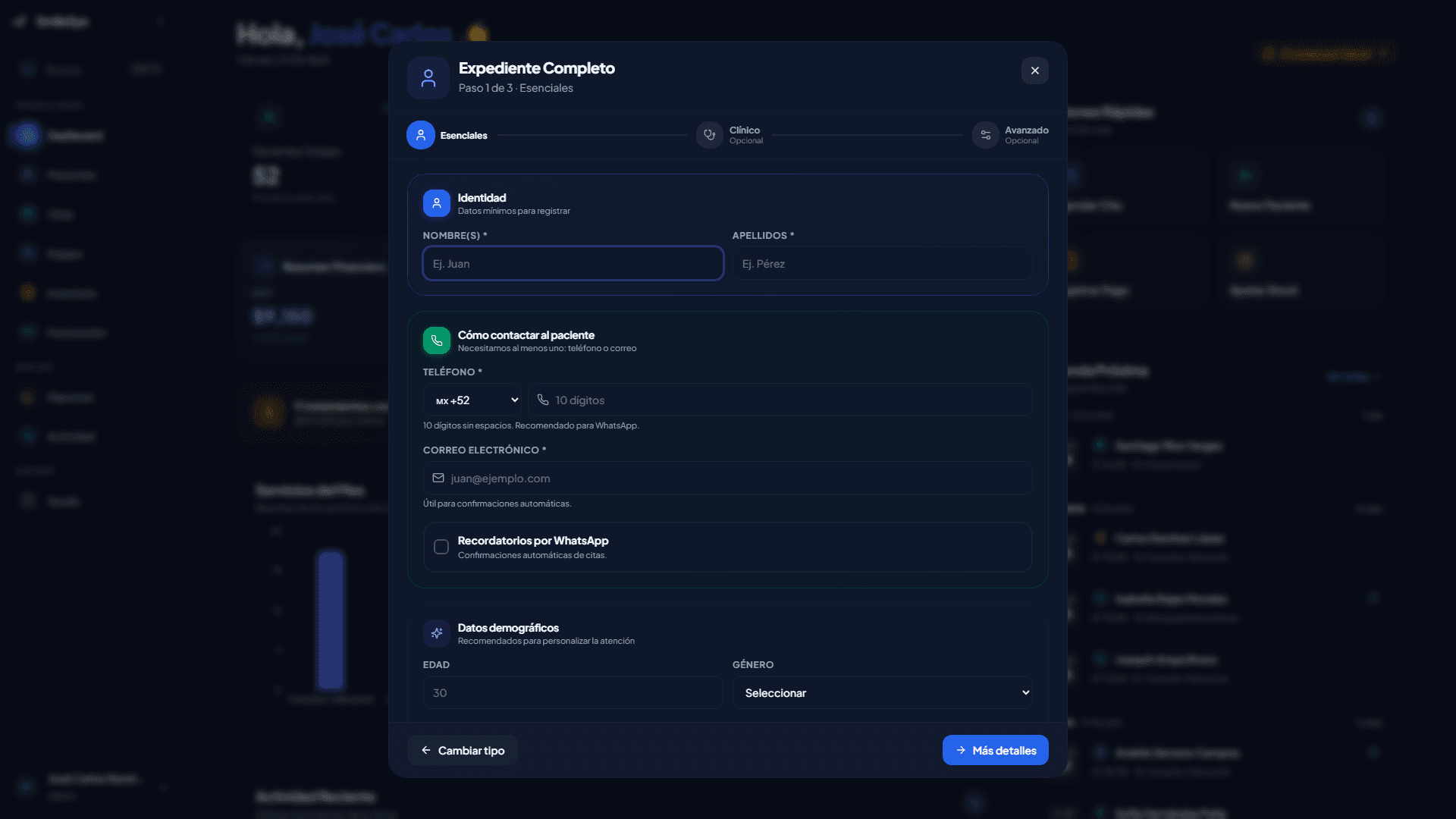 Modal para registrar un nuevo paciente en SmileSys