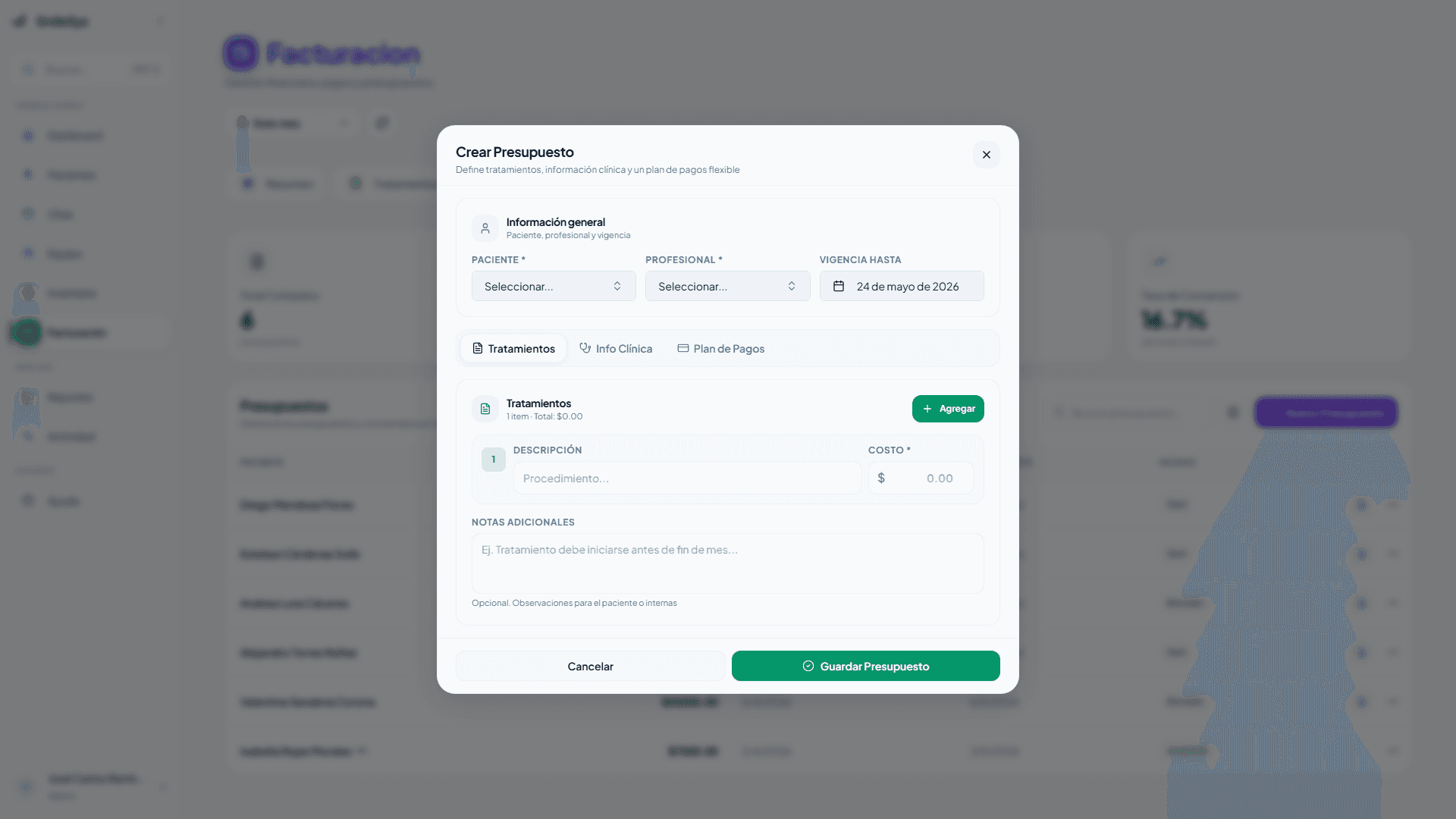 Modal para crear una nueva cotización