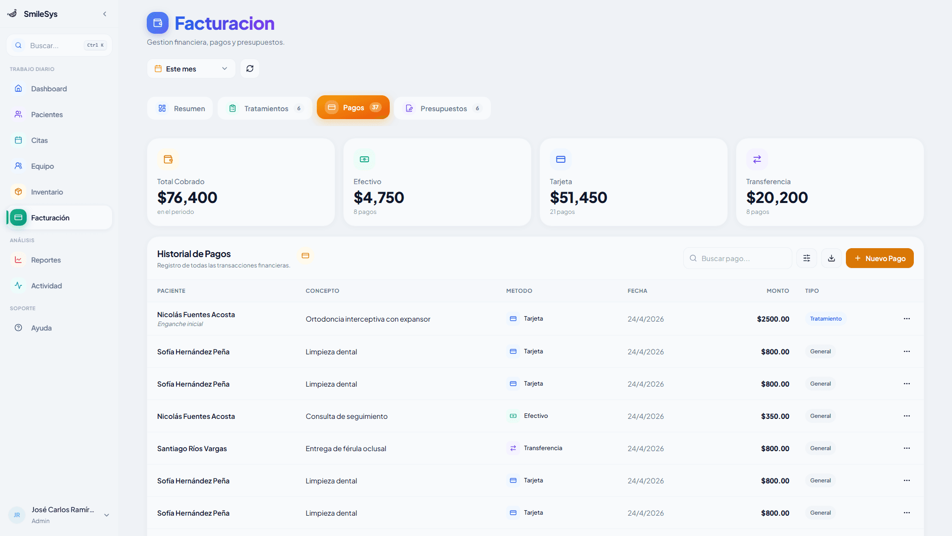 Listado de pagos registrados en SmileSys