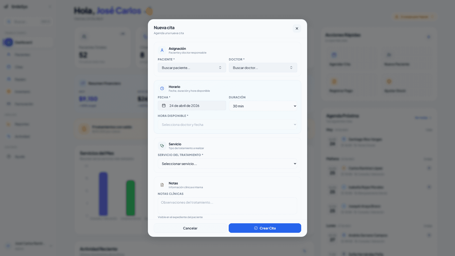 Modal para crear una nueva cita en SmileSys