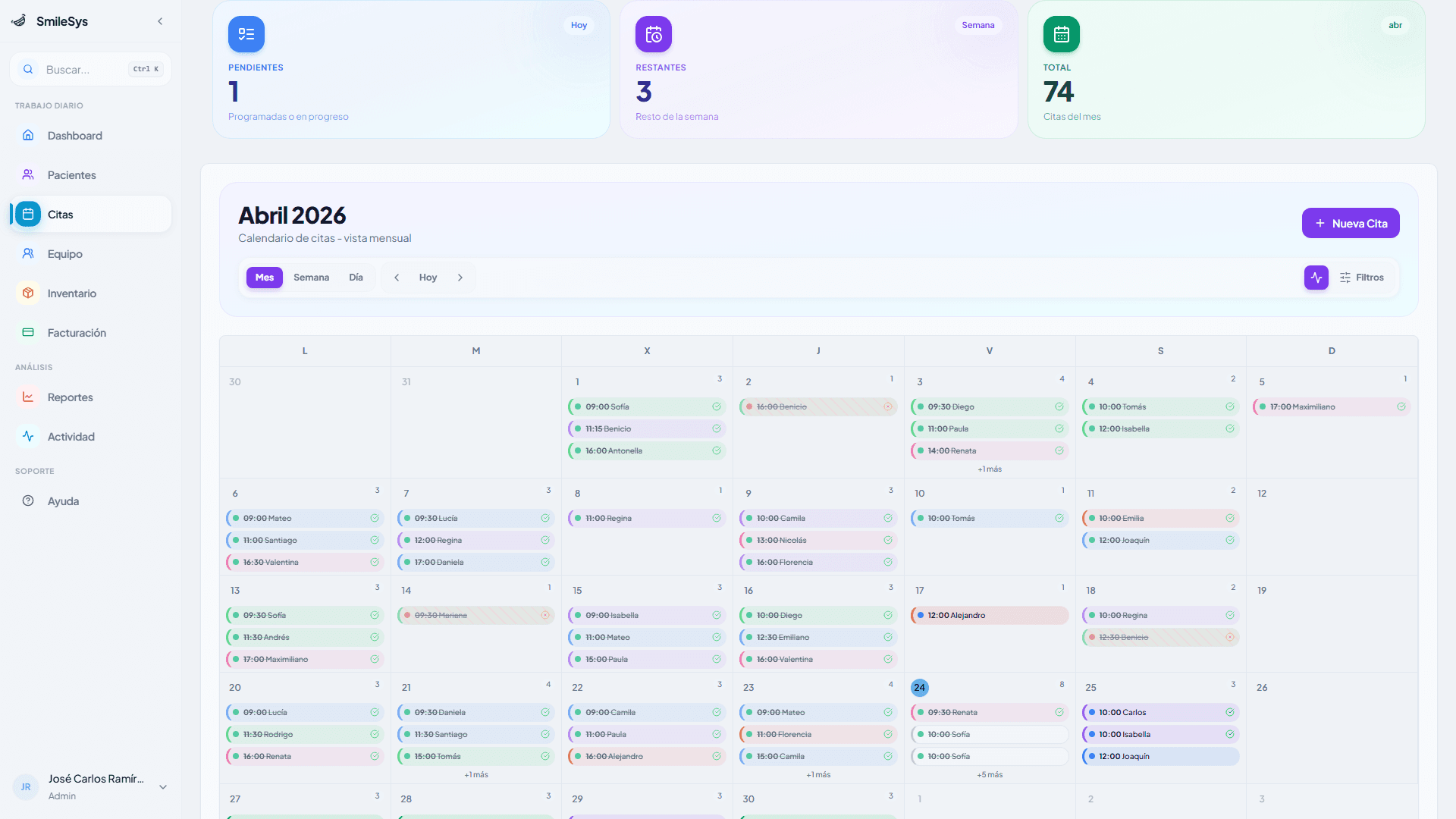 Vista mensual de la agenda en SmileSys