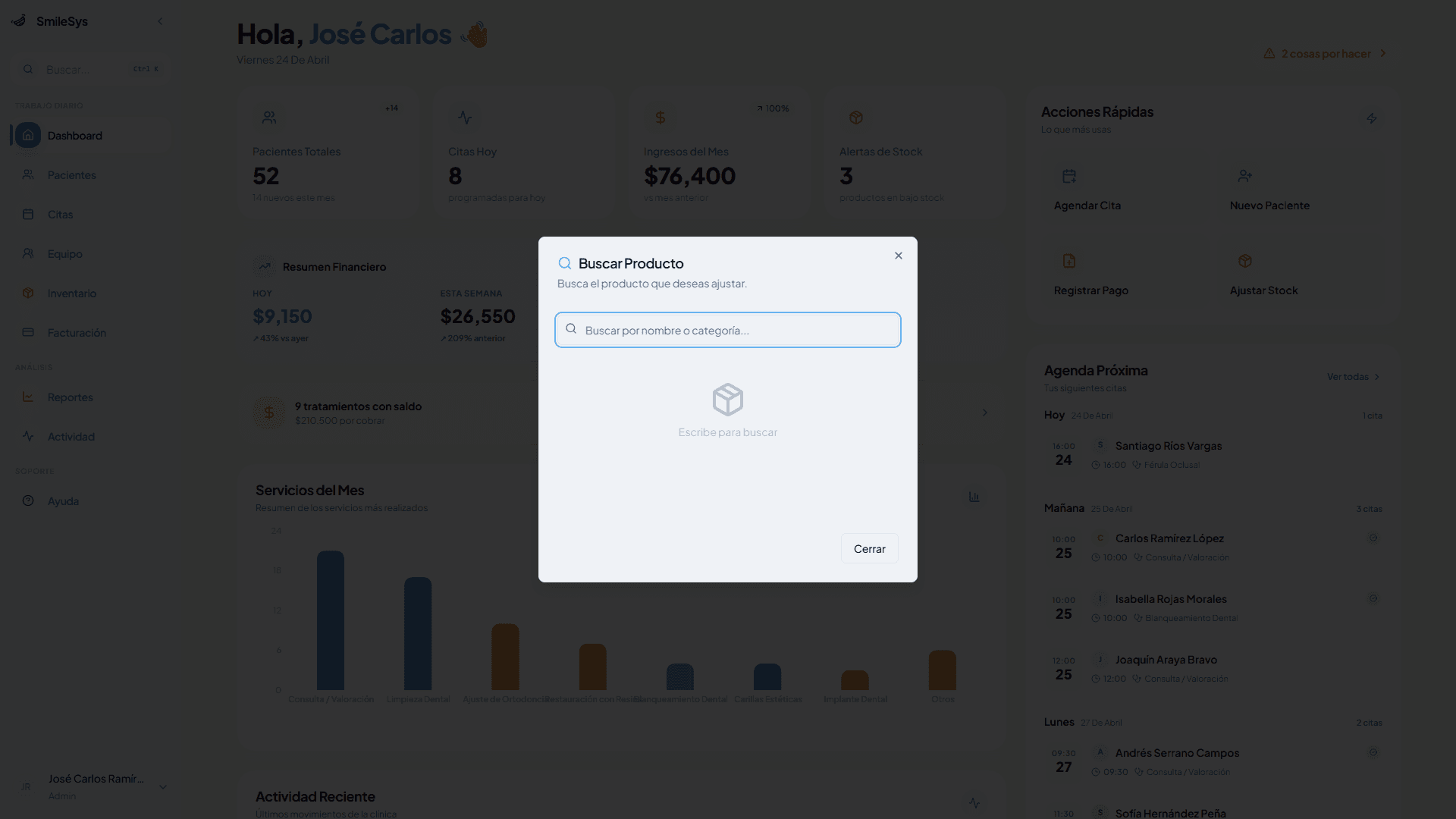Modal para ajustar stock de un material