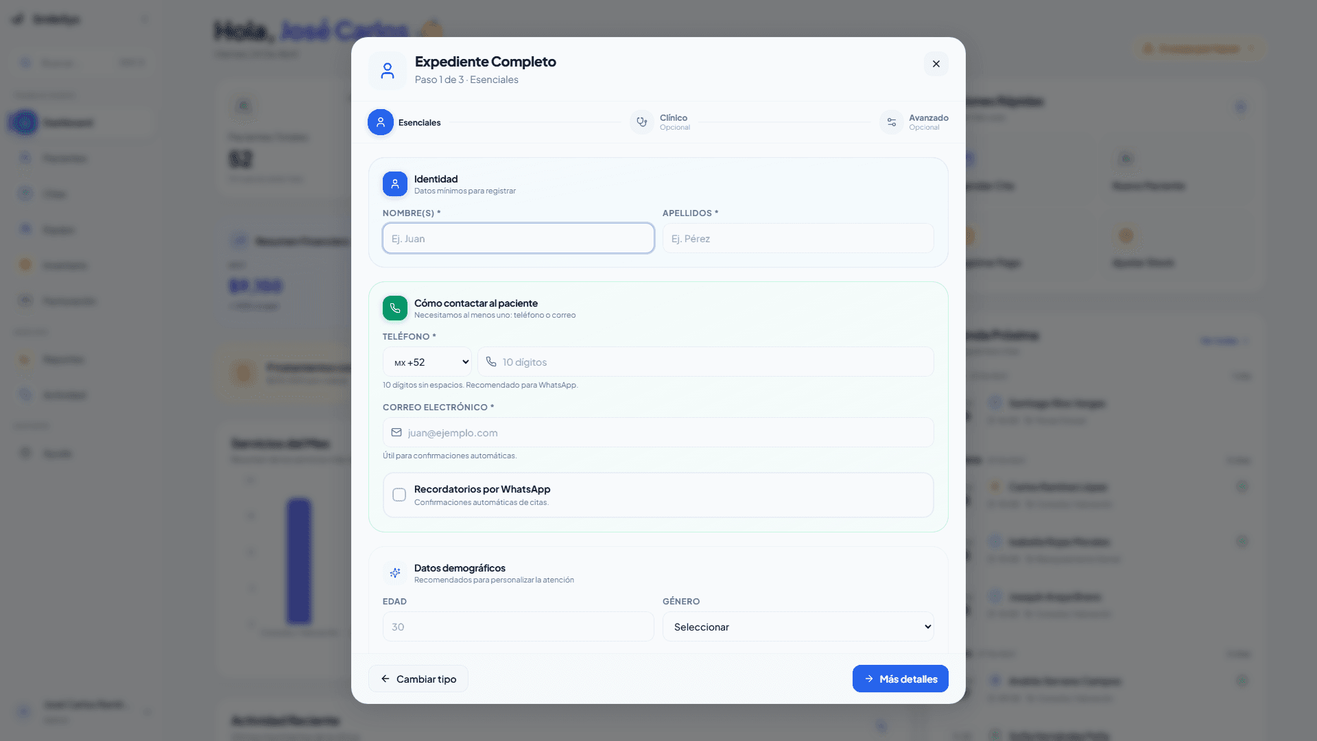 Modal para registrar un nuevo paciente en SmileSys